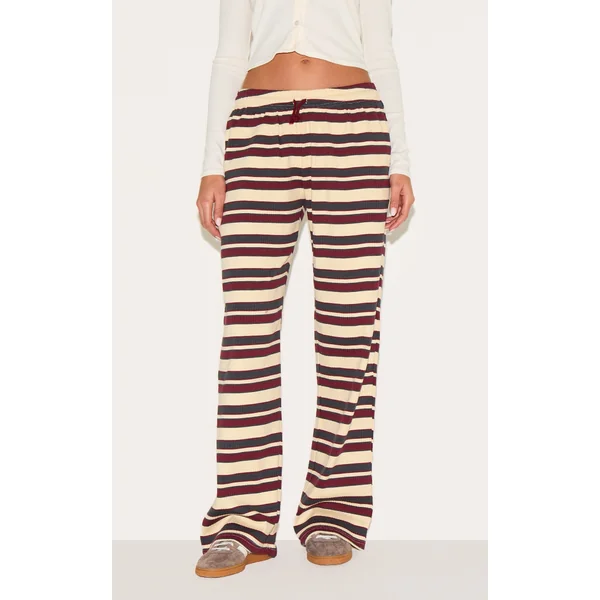 Burgundy Striped Rib Drawstring Wide Leg Pants
