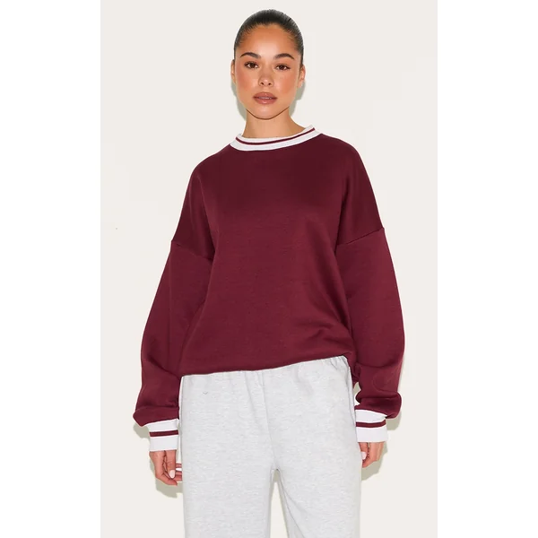 Burgundy Striped Ribbed Hem Oversized Sweatshirt