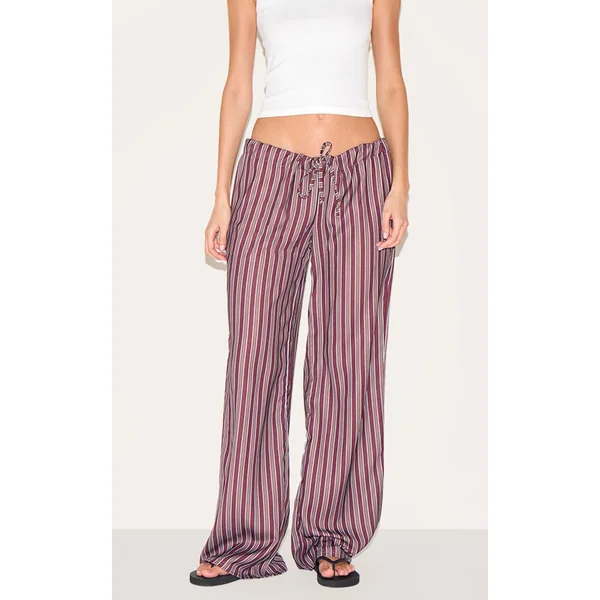 Burgundy Striped Thin Waistband Wide Leg Pants