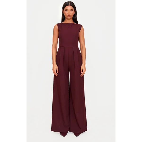 Burgundy Structured Woven Boat Neck Tailored Straight Leg Jumpsuit