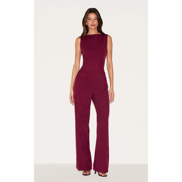 Burgundy Structured Woven Open Back Detail Straight Leg Jumpsuit