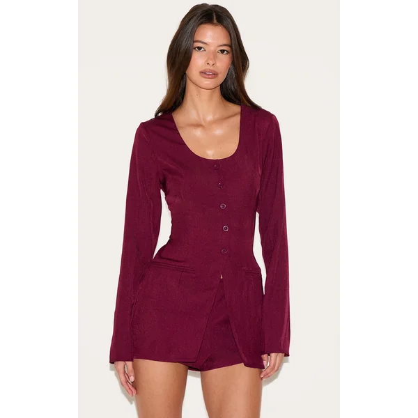 Burgundy Tailored Button Down Scoop Neck Romper