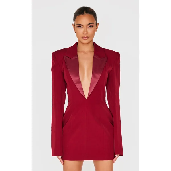 Burgundy Tailored Satin Lapel Blazer Dress