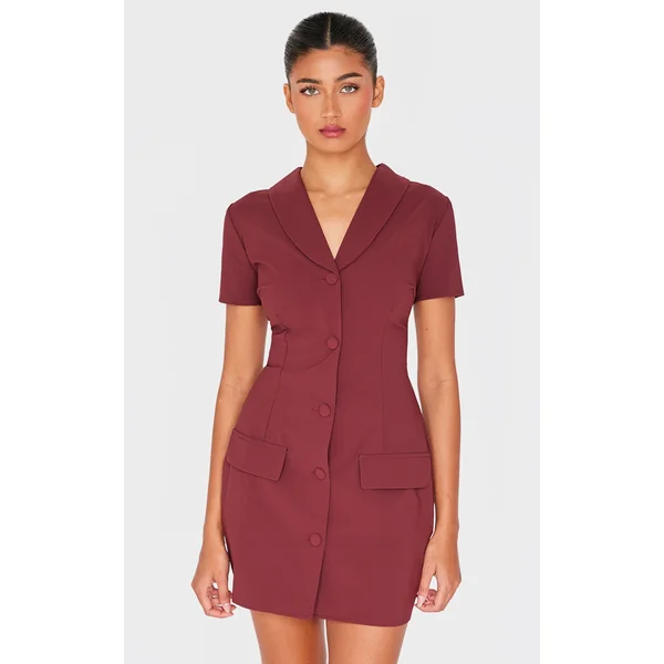 Burgundy Tailored Woven Cap Sleeve Button Down Shift Dress