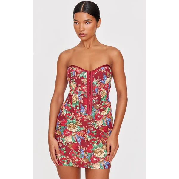 Burgundy Tapestry Bandeau Lace Up Back Bodycon Dress