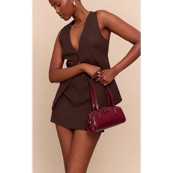 Burgundy Textured Faux Leather Bowler Bag