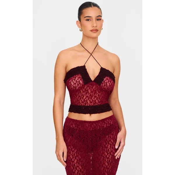 Burgundy Textured Lace Contrast Detail Top