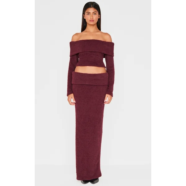 Burgundy Textured Soft Rib Fold Over Mid Rise Maxi Skirt