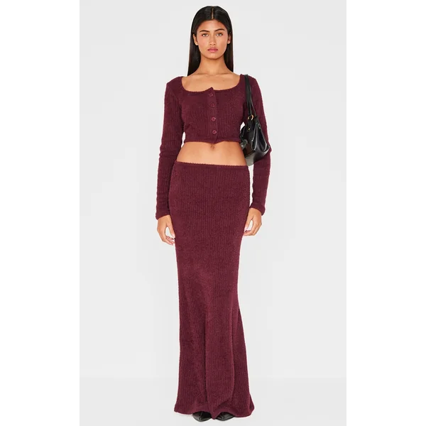 Burgundy Textured Soft Rib Mid Rise Maxi Skirt