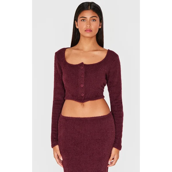 Burgundy Textured Soft Rib Square Neck Button Crop Top
