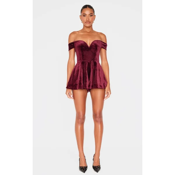 Burgundy Velvet Bardot Sweetheart Neckline Floaty Romper