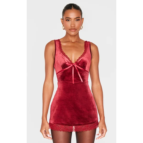 Burgundy Velvet Ribbon Trim Romper