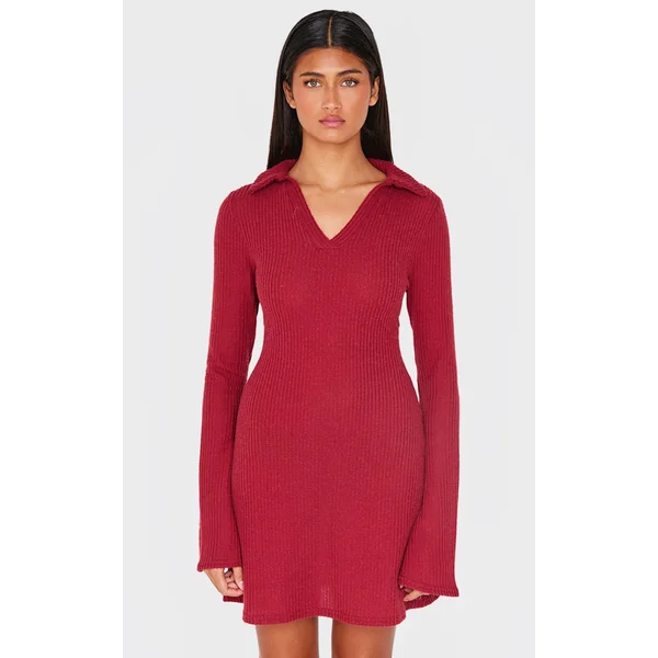 Burgundy Waffle Textured Long Sleeve Shift Dress