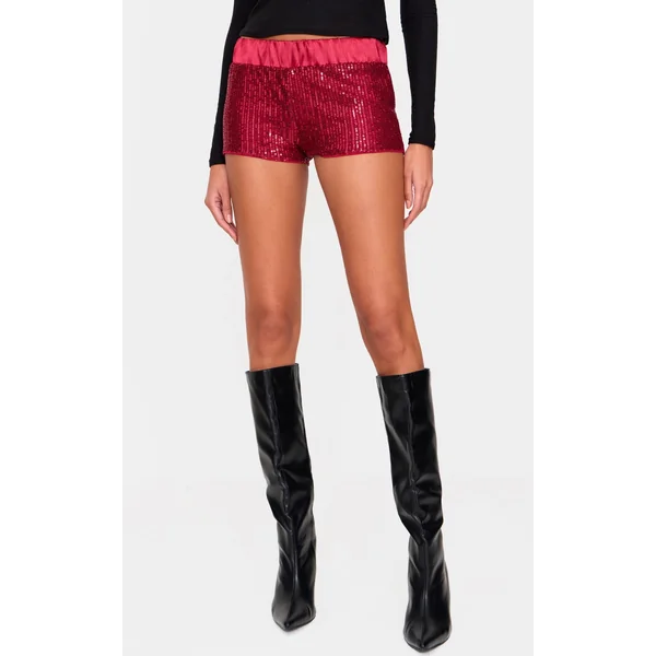 Burgundy Waistband Detail Sequin Mini Shorts