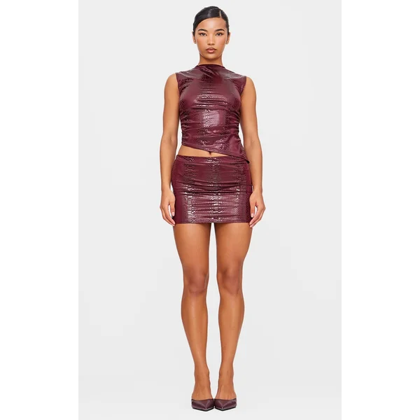 Burgundy Wet Look Croc Printed Micro Mini Skirt
