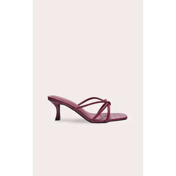Burgundy Wide Fit Croc Pu Square Toe Knotted Heeled Mules