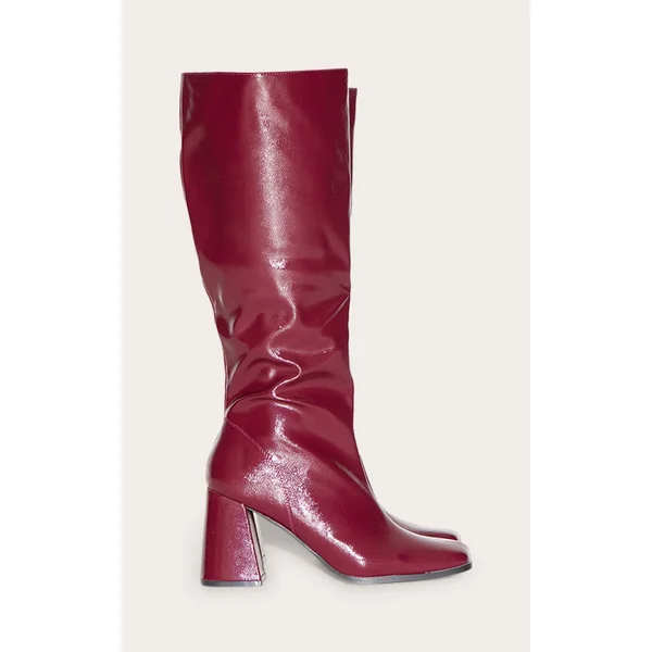 Burgundy Wide Fit Pu Square Toe Knee High Block Heeled Boots