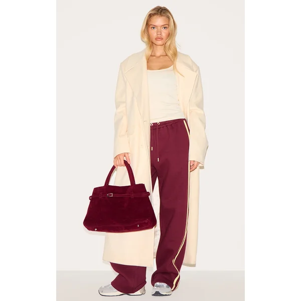 Burgundy Wide Leg Tape Detail Sweatpants