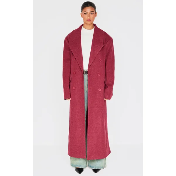 Burgundy Wool Look Double Breasted Oversized Maxi Coat