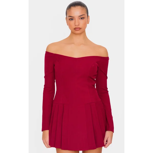 Burgundy Woven Bardot Ling Sleeve Shift Dress