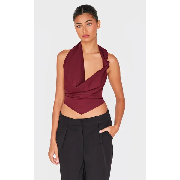 Burgundy Woven Cowl Neck Long Top