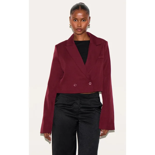 Burgundy Woven Cropped Shoulder Padded Blazer