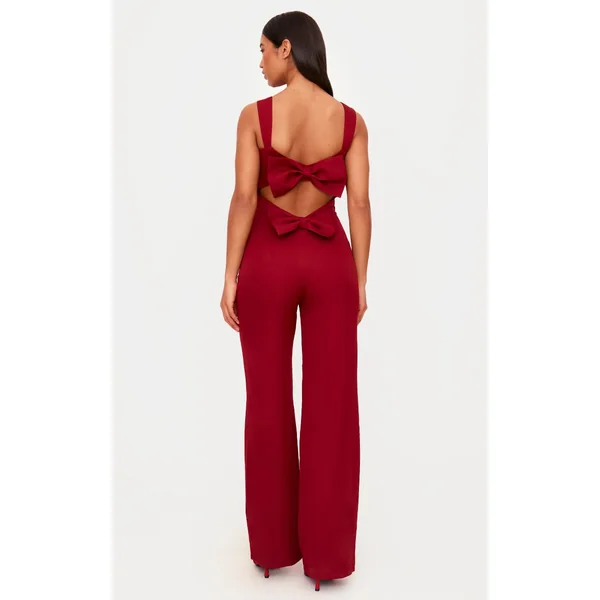 Burgundy Woven Cut Out Bow Detail Jumpsuit