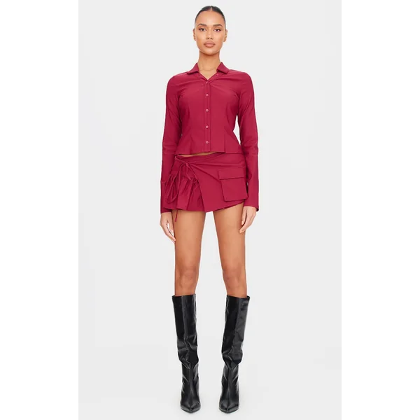 Burgundy Woven Frill Cargo Detail Skort