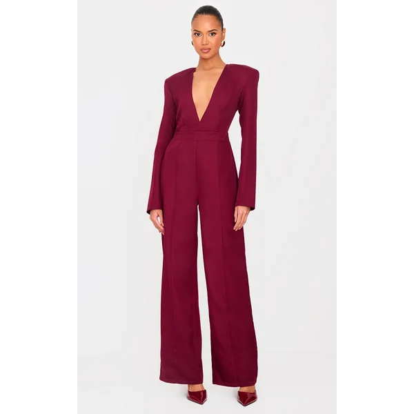 Burgundy Woven Plunge Long Sleeve Straight Leg Jumpsuit