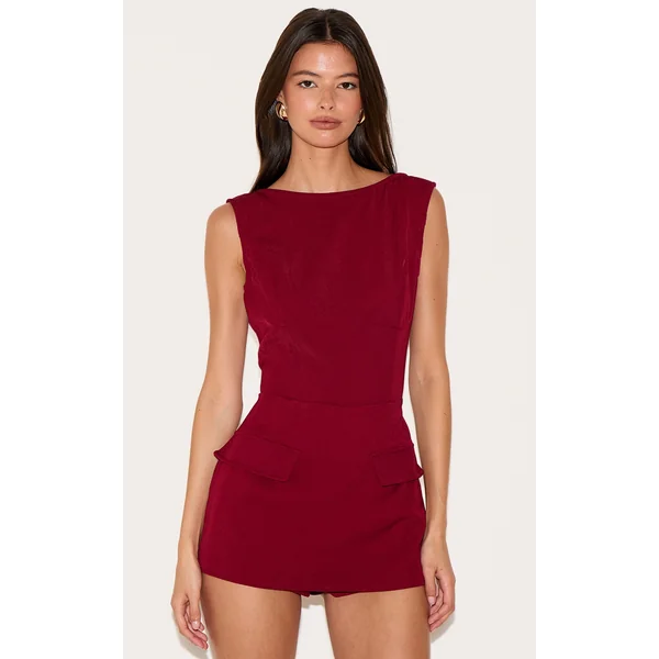 Burgundy Woven Pocket Detail Sleeveless Skort Romper