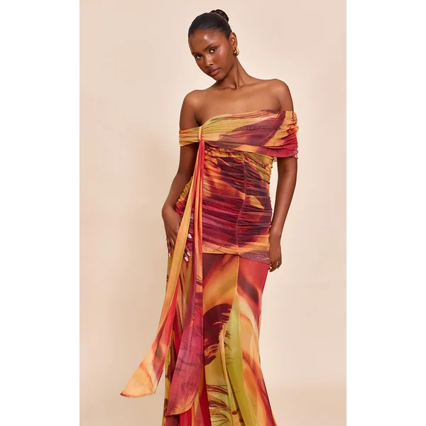 Burnt Orange Abstract Print Lined Mesh Bardot Maxi Dress