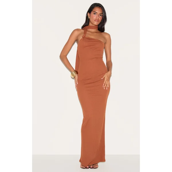 Burnt Orange Double Layer Onion Skin Scarf Neck Maxi Dress