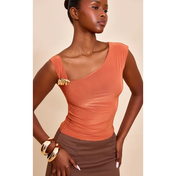 Burnt Orange Double Layer Slinky Trim Detail Asymmetric Top