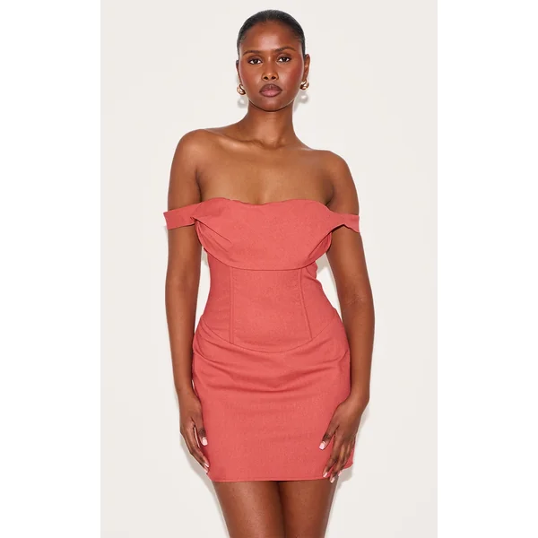 Burnt Orange Draped Bardot Corset Bodycon Dress