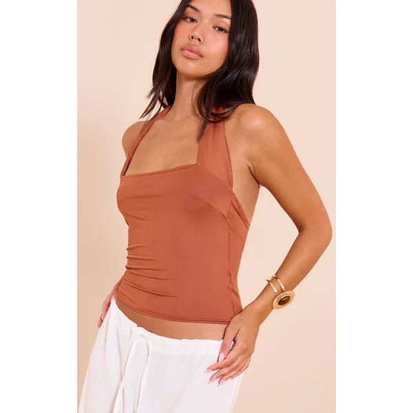 Burnt Orange Halter Neck Twist Strap Detail Crop Top