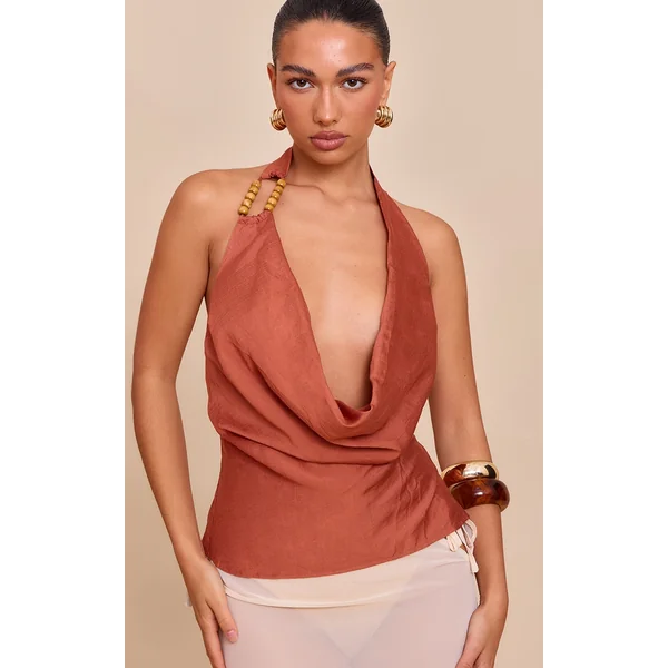 Burnt Orange Linen Look Bead Detail Cowl Neck Top