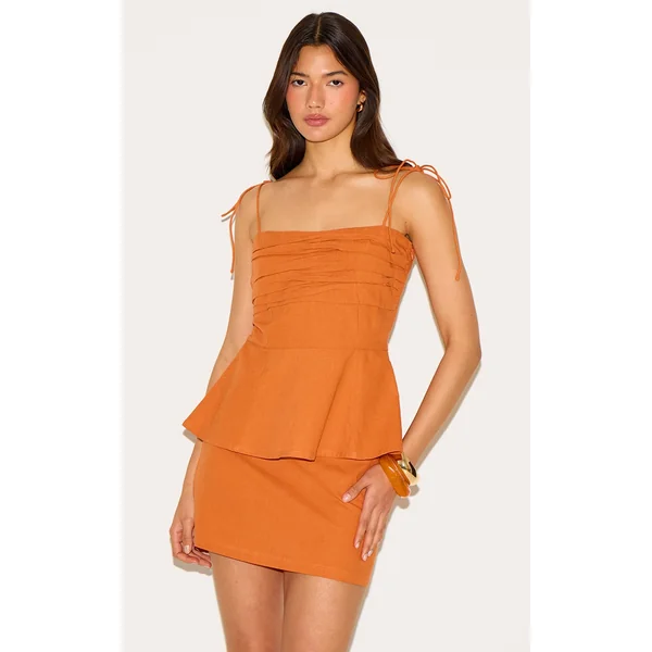 Burnt Orange Linen Look Mid Rise Mini Skirt