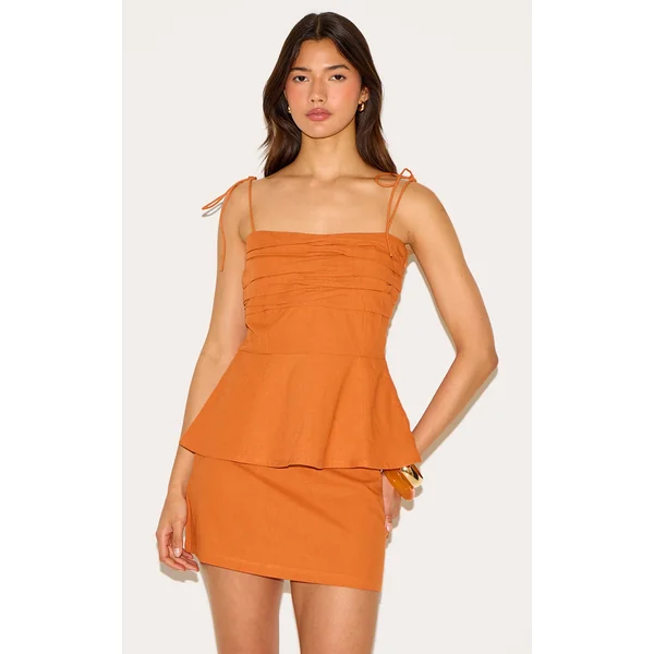 Burnt Orange Linen Look Ruched Bust Top