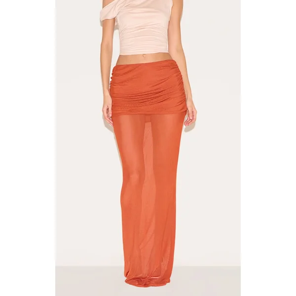 Burnt Orange Mesh Overlay Maxi Skirt