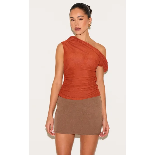 Burnt Orange Mesh Ruched Detail Asymmetric Top