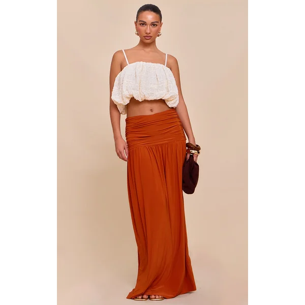 Burnt Orange Overlay Detail Double Layer Slinky Maxi Skirt