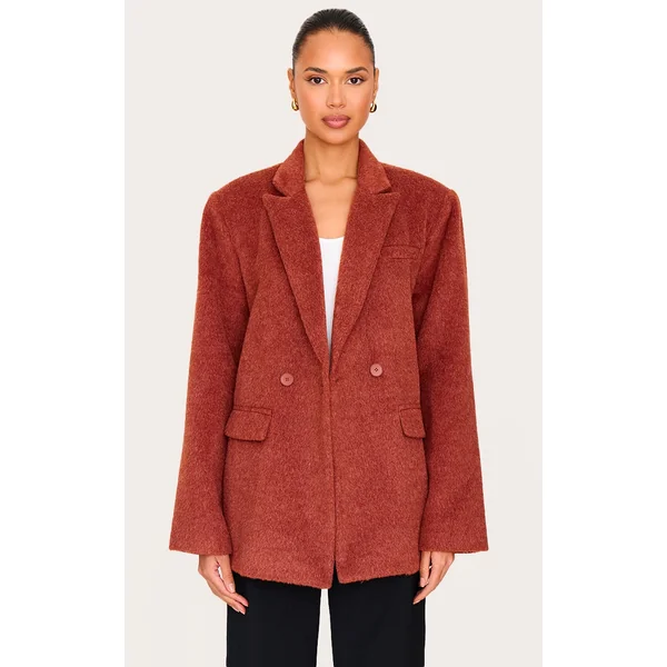 Burnt Orange Oversized Textured Wool Look Blazer