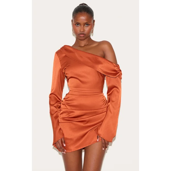 Burnt Orange Satin One Shoulder Drape Bodycon Dress