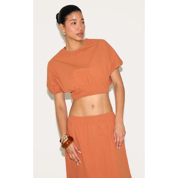 Burnt Orange Sheered Waist Cap Sleeve Crop Top