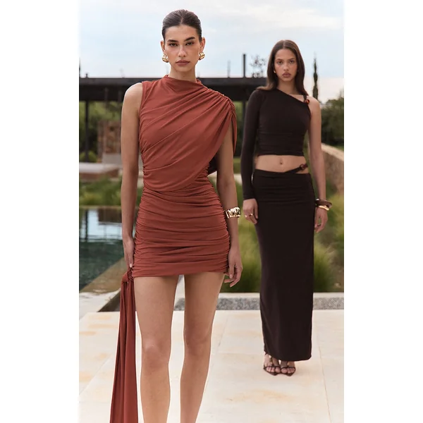 Burnt Orange Slinky Drape Detail Ruched Bodycon Dress