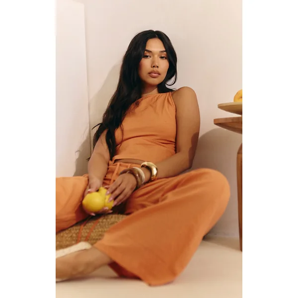 Burnt Orange Textured Drawstring Straight Leg Pants