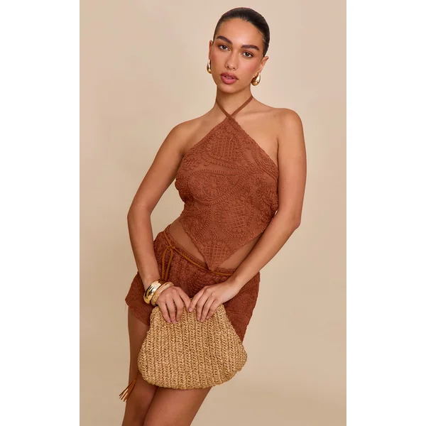 Burnt Orange Textured Embroidered Halterneck Tie Back Top