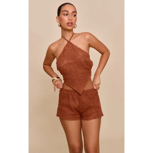 Burnt Orange Textured Embroidered Mid Rise Mini Shorts