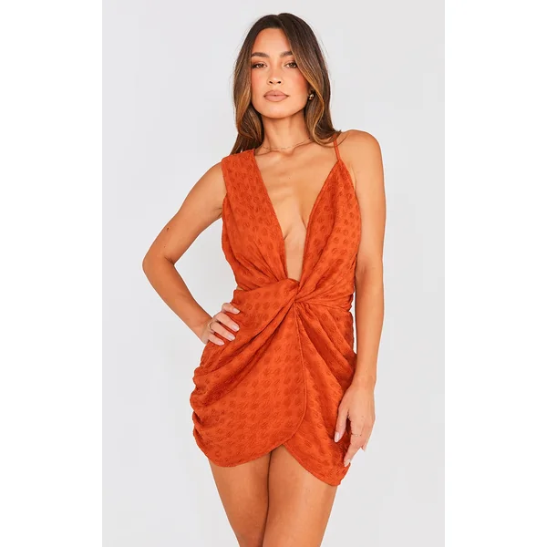 Burnt Orange Textured Plunge Knot Detail Bodycon Dress