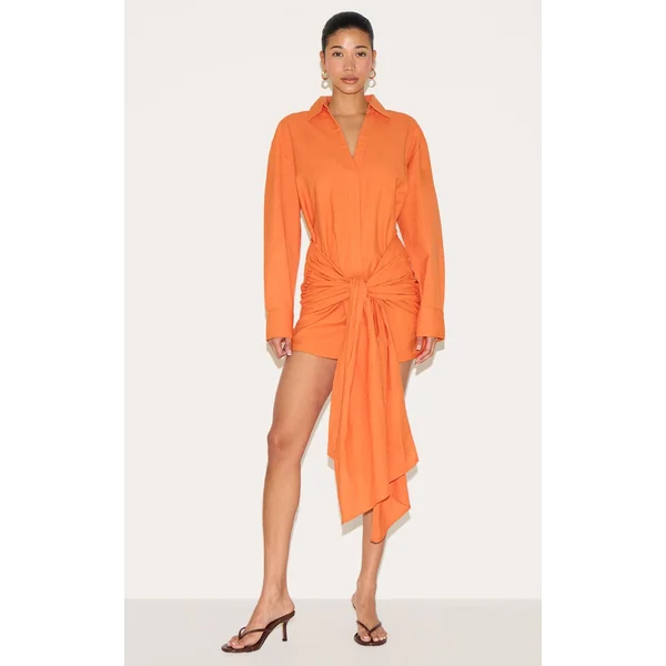 Burnt Orange Wrap Detail Shirt Dress